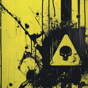 Yellow background with a black warning sign and paint splatters creating a cautionary abstract art piece