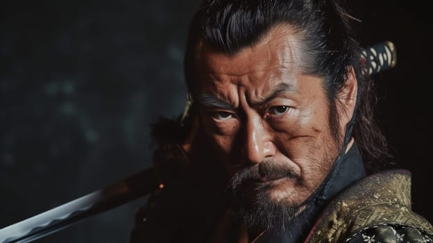 Intense close-up of a samurai warrior, his gaze filled with determination and experience
