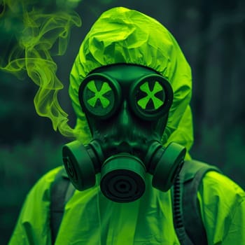 Person in a protective suit with a gas mask marked with Xs in a smoke-filled, eerie forest