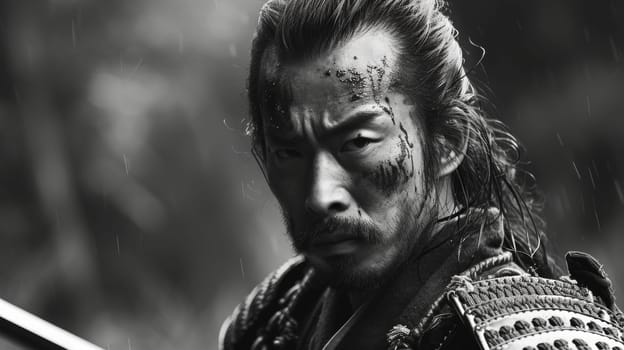 Black and white image capturing a fierce samurai in mid-pose with a katana, exuding strength and readiness
