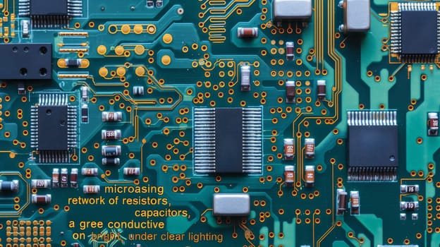 Close-up of an illuminated green circuit board with microchips and glowing connections