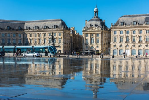 FRANCE, BORDEAUX - SEPTEMBER 20: Famous mirror fountain in front of Place de la Bourse in Bordeaux, France on September 20, 2015
