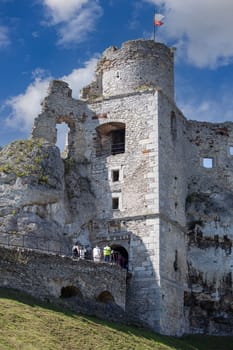Ogrodzieniec  Podzamcze, Poland - August 31  2017: Ruins of 14th century medieval castle  Ogrodzieniec Castle  Trail of the Eagles Nests