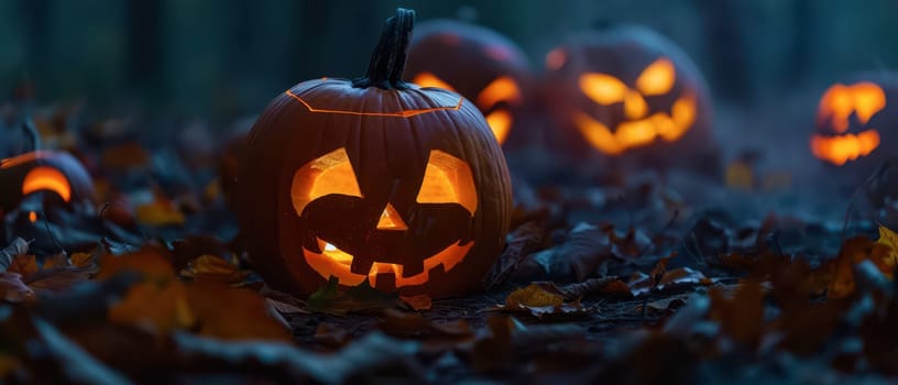 Carved pumpkins emit warm light, surrounded by autumn leaves in a misty forest, creating a spooky Halloween atmosphere.
