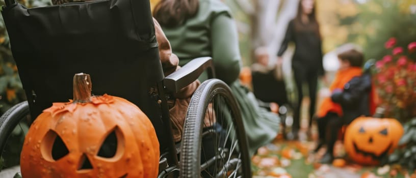 A decorated wheelchair featuring a carved pumpkin is seen as costumed children enjoy Halloween festivities in a colorful garden.