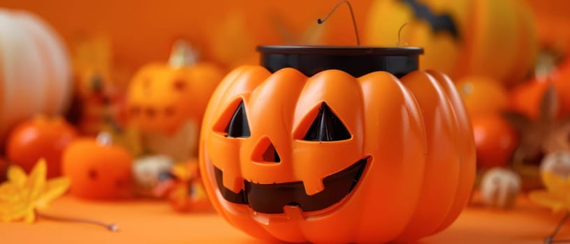 A carved pumpkin with a friendly grin sits among colorful autumn decorations and small pumpkins, creating a festive atmosphere for Halloween.