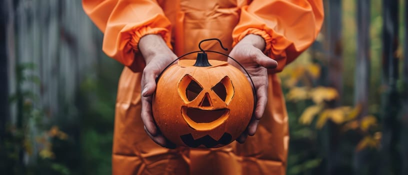 A child dressed in an orange costume proudly holds a carved pumpkin with a smiling face in an outdoor setting filled with fall foliage.