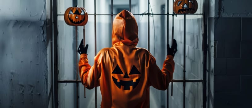 A figure in an orange hoodie faces jack-o'-lantern decorations hanging in a dark hallway, capturing the eerie vibe of Halloween night.