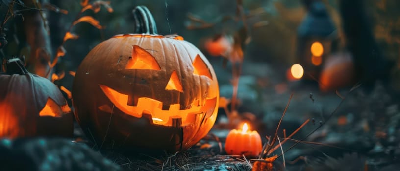 Halloween decorations feature carved pumpkins with glowing faces, surrounded by autumn foliage and candlelight.