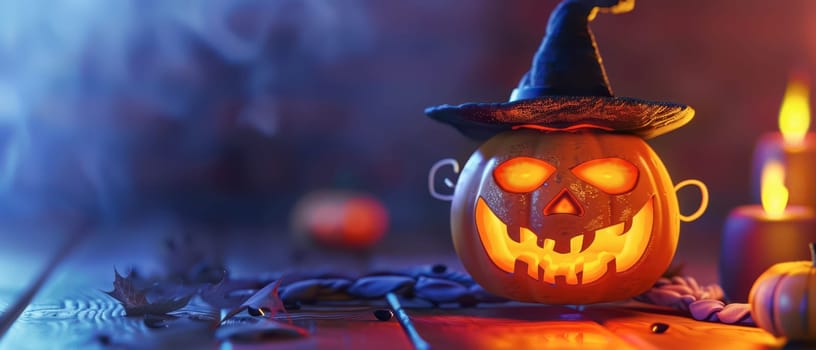 A carved pumpkin wearing a witch hat glows warmly, surrounded by autumn leaves and flickering candles in the dim light of Halloween.