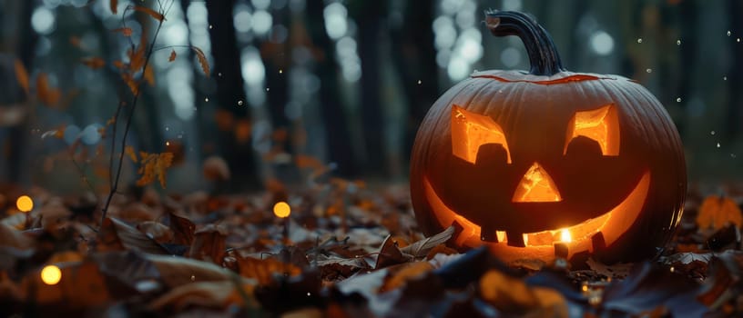A carved pumpkin with a smiling face glows brightly, surrounded by fallen autumn leaves in a dimly lit forest.