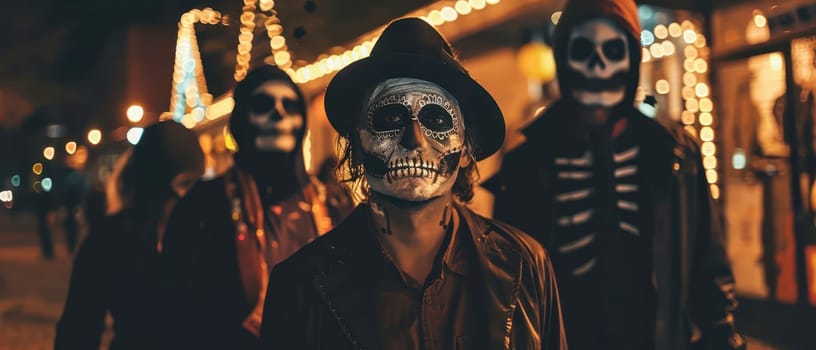 A group of individuals wearing decorative skull masks strolls through a brightly lit street adorned with festive lights at night.