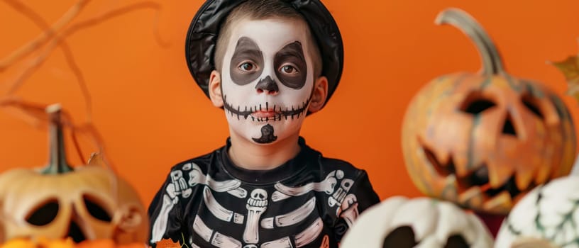 A young child dressed as a skeleton with face paint sits among colorful Halloween pumpkins.