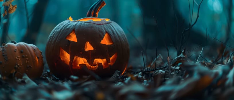 A carved pumpkin flickers with light in a dark forest, surrounded by fallen leaves and another smaller pumpkin nearby.