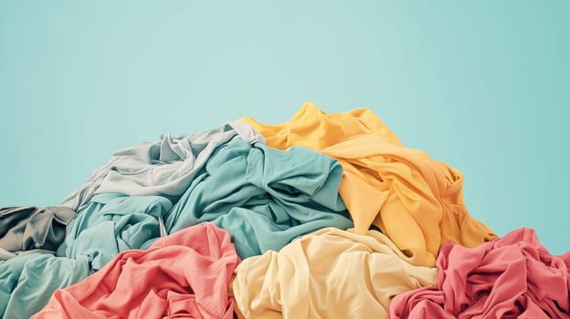 Huge pile of clothes, fast fashion, textile industry, recycling and environmental issue, waste of resources, dirty washing