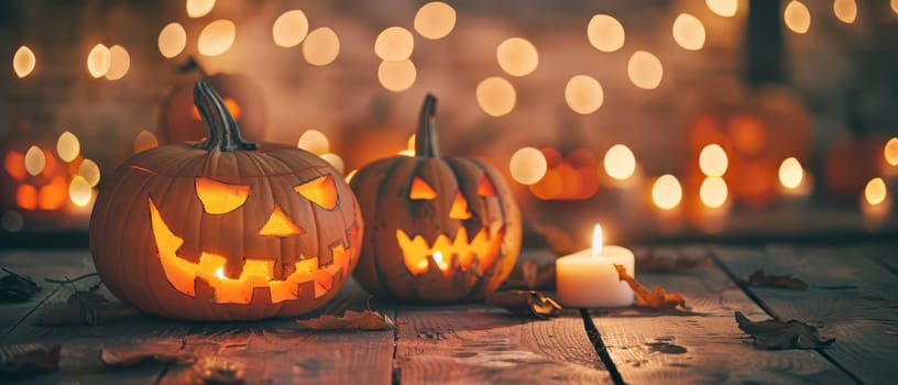 Two carved pumpkins glow with candlelight, set on a wooden table with scattered leaves and twinkling lights in the background, creating a festive Halloween atmosphere.
