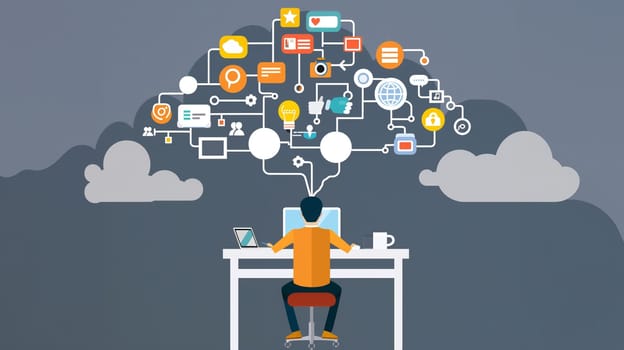 Man sitting on a desk with a computer and a social media cloud , cyberspace technology, workspace with businessman, network communication