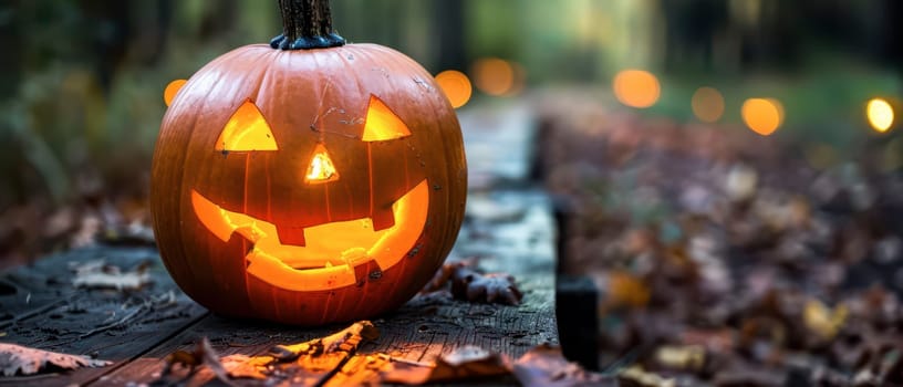 A smiling jack-o'-lantern rests on a wooden pathway adorned with colorful autumn leaves, illuminated by soft, warm light as dusk settles in.