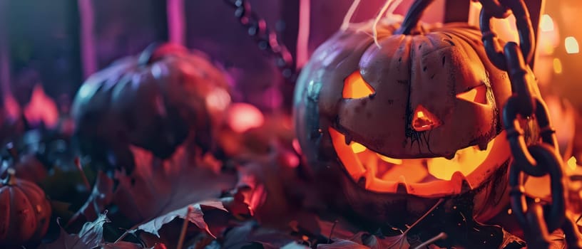 The glowing faces of carved pumpkins shine among autumn leaves, creating a festive Halloween atmosphere.