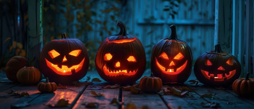 Carved pumpkins with various faces illuminate a wooden deck, surrounded by fallen leaves on a crisp Halloween evening.