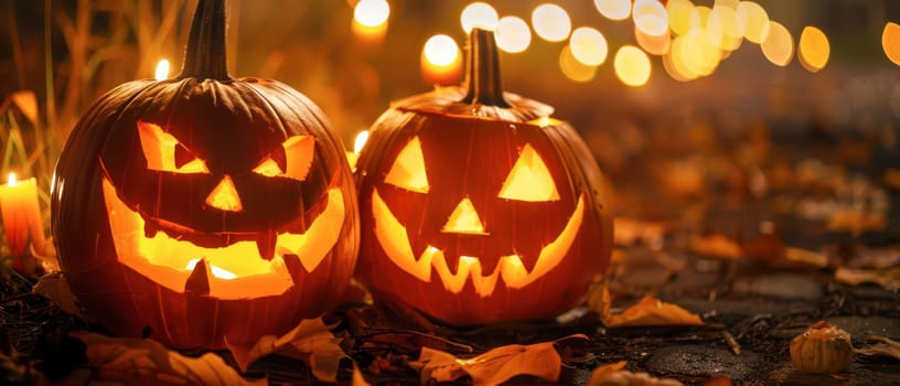 Two carved pumpkins emit a warm glow amidst autumn leaves and street lights during a festive celebration.