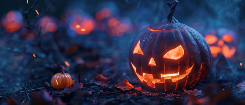 A carved pumpkin glows brightly among scattered leaves, with other lit pumpkins in the background, creating an eerie atmosphere on Halloween night.