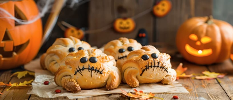 Halloween-themed pastries with creative faces sit on parchment, surrounded by autumn leaves and a carved pumpkin with a spooky expression.