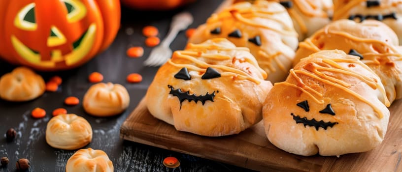 Delicious pumpkin-shaped bread rolls with creative icing decorations sit on a wooden board alongside Halloween-themed items.