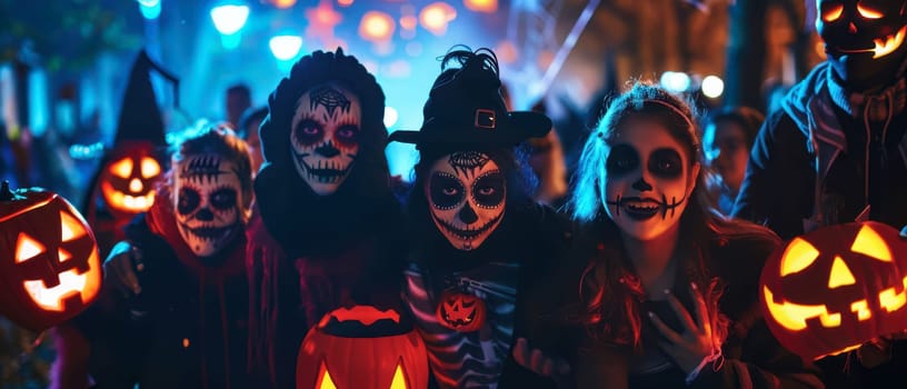 A group of friends dressed in Halloween costumes with painted faces and lanterns gather for celebrations in a vibrant nighttime setting.
