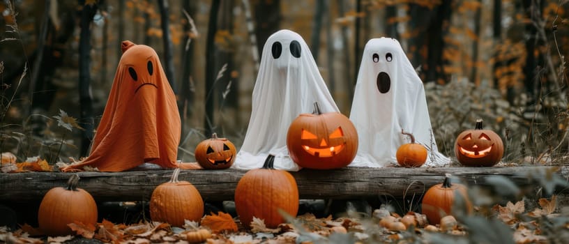 Three playful ghost figures made of sheets sit among glowing jack-o'-lanterns in a colorful autumn woodland.