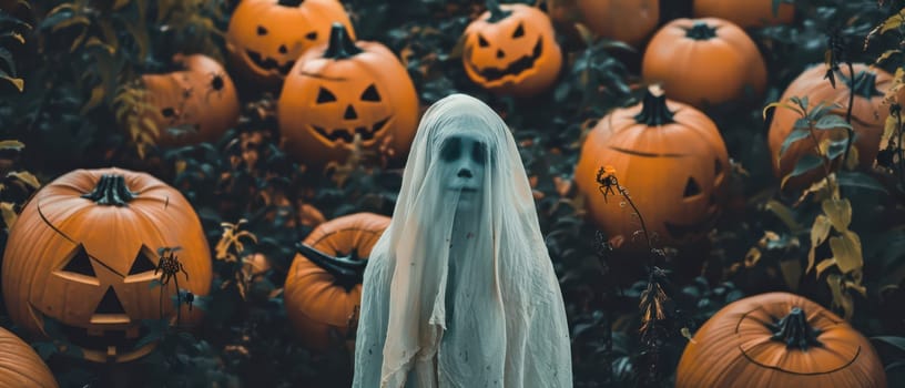 A spectral figure draped in white stands amidst carved jack-o'-lanterns, capturing the eerie essence of Halloween in a pumpkin-filled landscape.