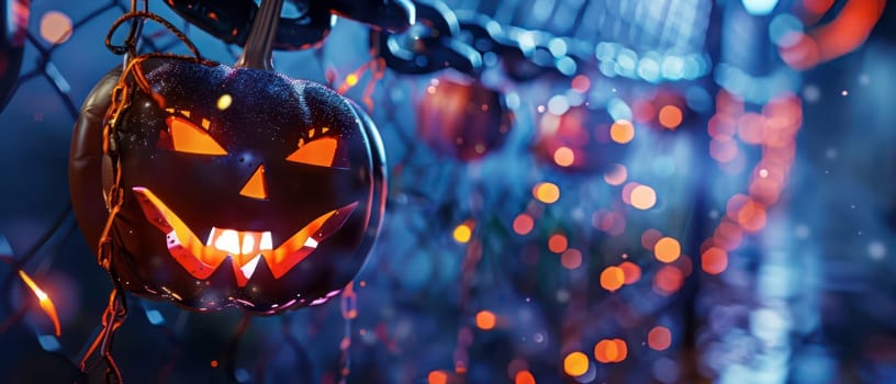 Carved pumpkins illuminate a foggy evening, surrounded by twinkling lights, capturing the essence of Halloween festivities.