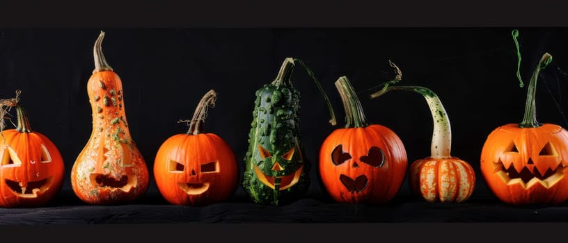A collection of creatively carved pumpkins and gourds arranged against a dark background, showcasing various spooky and funny expressions.