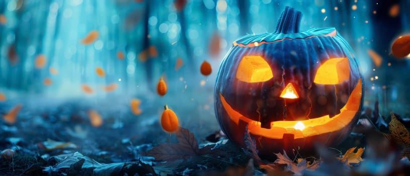A carved pumpkin emits warm light, surrounded by drifting leaves and trees, creating a spooky atmosphere on a crisp autumn night.