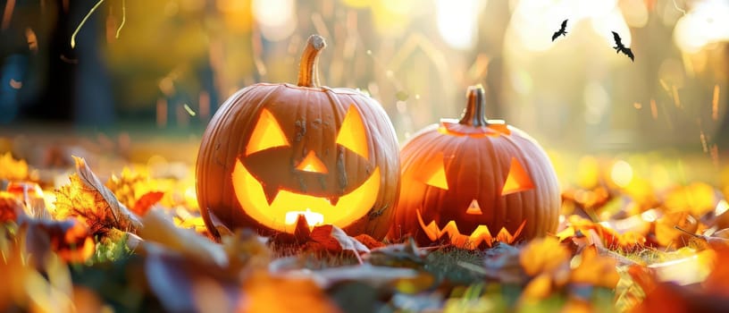 Two carved pumpkins with smiling faces shine brightly among colorful fallen leaves as autumn light filters through.