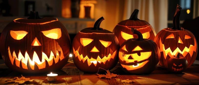A collection of creatively carved pumpkins with glowing faces, illuminated by candles, set in a cozy indoor space, evoking a festive Halloween atmosphere.