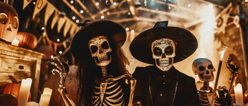 Two skeleton figures pose together at a lively Halloween gathering, surrounded by decorations and candles.