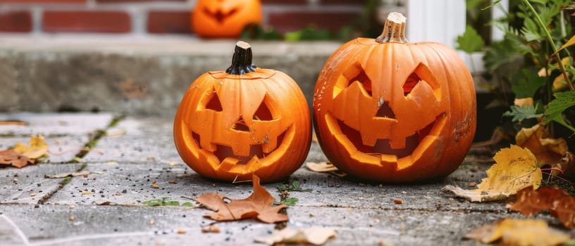 Carved pumpkins with smiling faces sit on a porch surrounded by autumn leaves.