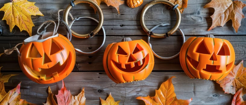 Three smiling carved pumpkins are placed on a wooden table surrounded by colorful autumn leaves.