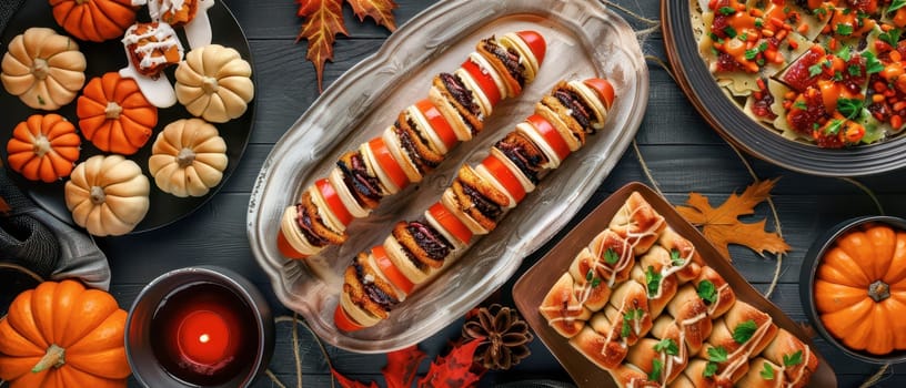 A vibrant spread of autumn dishes including layered rolls, festive desserts, and mini pumpkins, set against a dark wooden background.