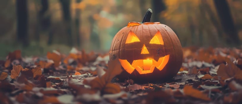 A carved pumpkin with an expressive face glows amidst colorful autumn leaves in a serene forest.