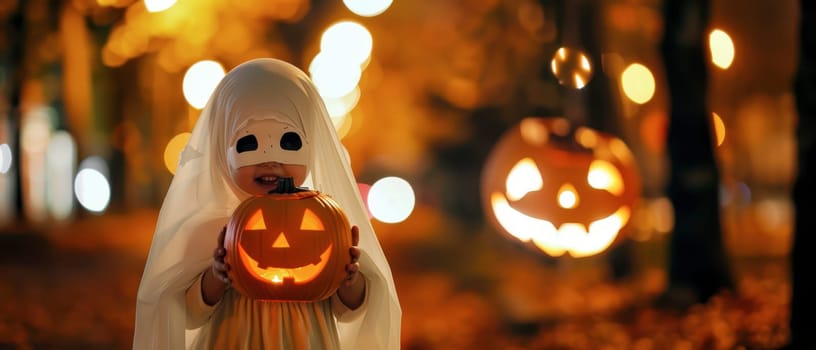 A child in a white ghost costume holds a jack-o'-lantern on a colorful autumn evening with glowing lights in the background.