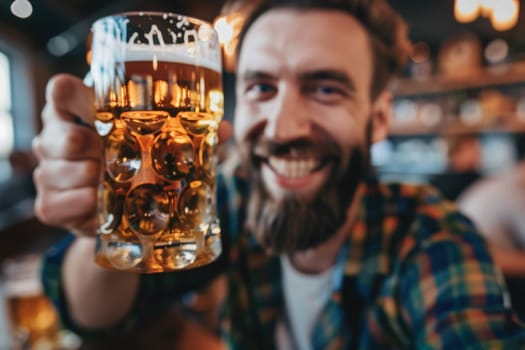Lively Oktoberfest celebrations unfold with friends joyfully raising beer mugs and enjoying pretzels in a festive atmosphere.