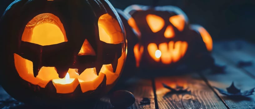 Jack-o'-lanterns with eerie expressions illuminate a dimly lit environment, capturing the festive spirit of Halloween.