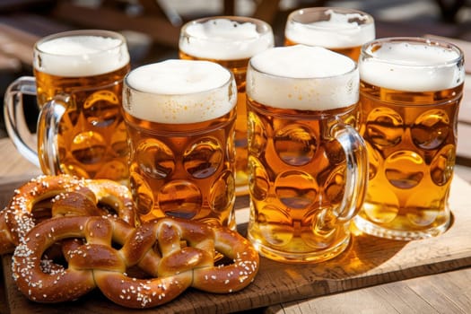 Cheers erupt as friends gather in Munich, raising colorful mugs of beer and enjoying freshly baked pretzels under festive lights.