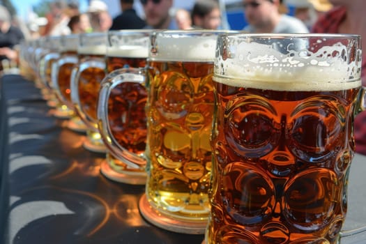 Guests gather to enjoy frothy beers and warm pretzels, reveling in the festive atmosphere of Munichs famous beer festival.