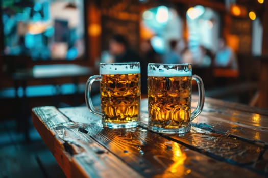 Two frosty mugs of beer rest on a wooden table as festival-goers enjoy the vibrant atmosphere of Munich.