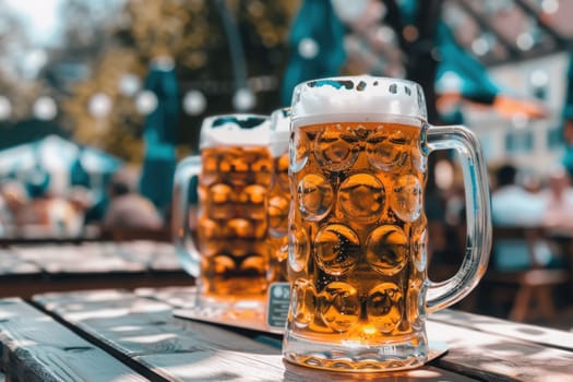 Guests enjoy a vibrant beer festival in Munich, raising frothy mugs while savoring delicious pretzels under festive lights.