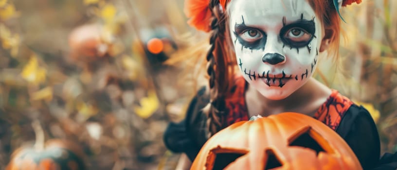 A child with face paint and a bright orange pumpkin poses in a festive autumn setting filled with decorations.