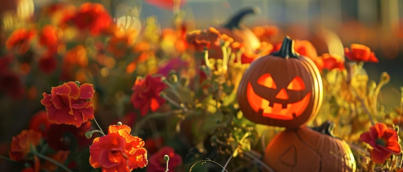 A carved pumpkin with a smiling face is surrounded by colorful flowers, capturing the essence of Halloween in a warm, autumn light.